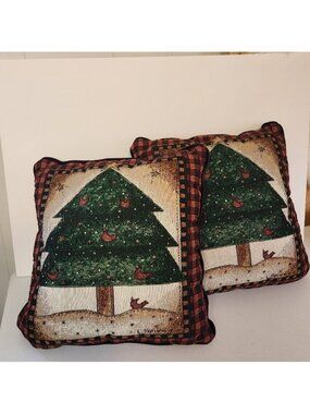 L Spivey Tapestry Throw Pillows Set Of 2 Christmas Tree Red Cardinal 14" Square